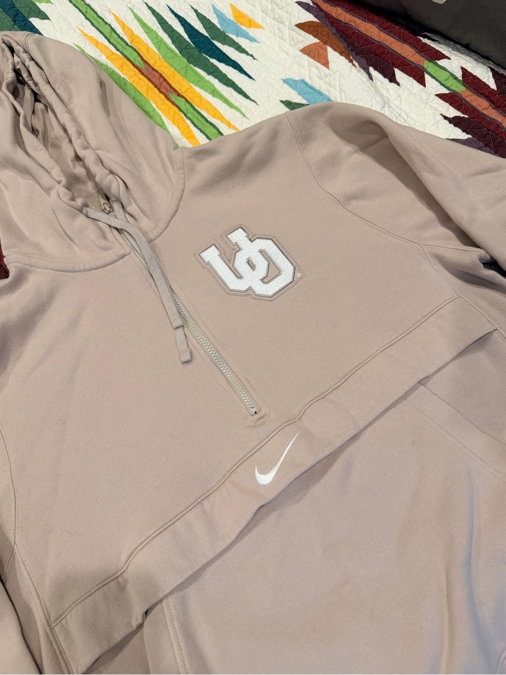 University of Oregon Nike Men’s Half-Zip Hoodie in Light Taupe with White Logos